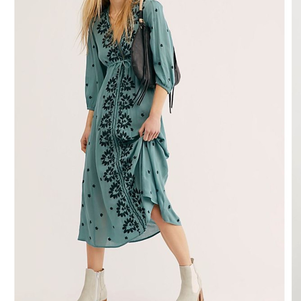 ISO Free People Embroidered Fable Midi Dress Aqua
